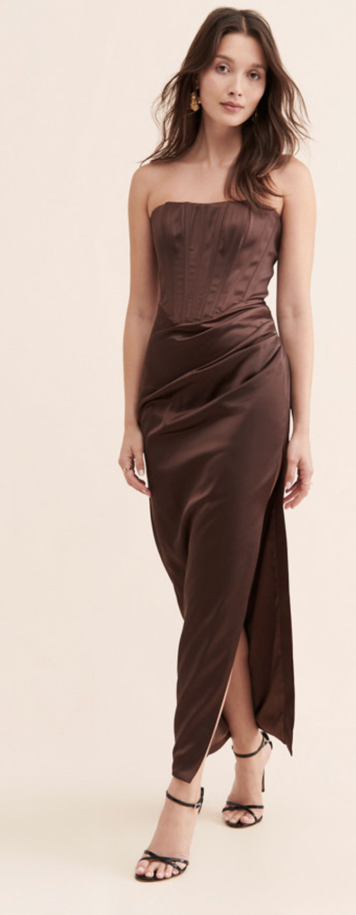BARDOT BROWN EVERLASTING SATIN STRAPLESS CORSET MIDI DRESS SZ 8